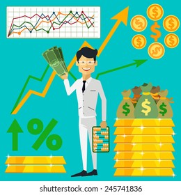 Happy man trader holding dollars in hand and near him on background gold bars and graph arrow indicators up flat design style
