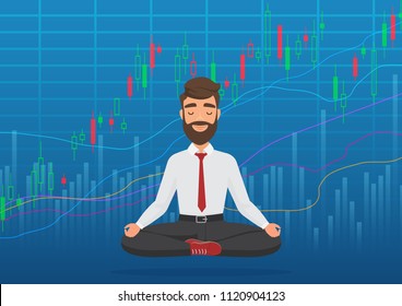 Happy man trader meditating under rising crypto or stock market exchange chart. Business trader, finance stock market graph concept. Growing bullish stock Market. Balance feeling.