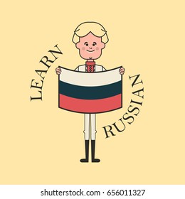 Happy man in traditional russian clothes holding the Russian Flag. Learn Russian text around the man