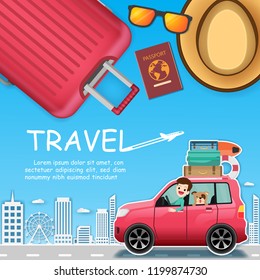 happy man traveler and dog on car. airplane with check in point travel accessories around the world concept on background Design. blank space for text, content paper art, vector, banner, Card, Poster
