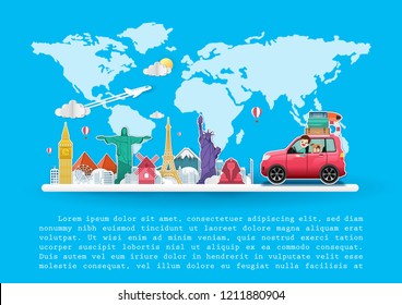 happy man traveler and dog on car. airplane with check in point travel around the world concept on background Top world famous landmark. content paper art, vector, banner, Card, Poster