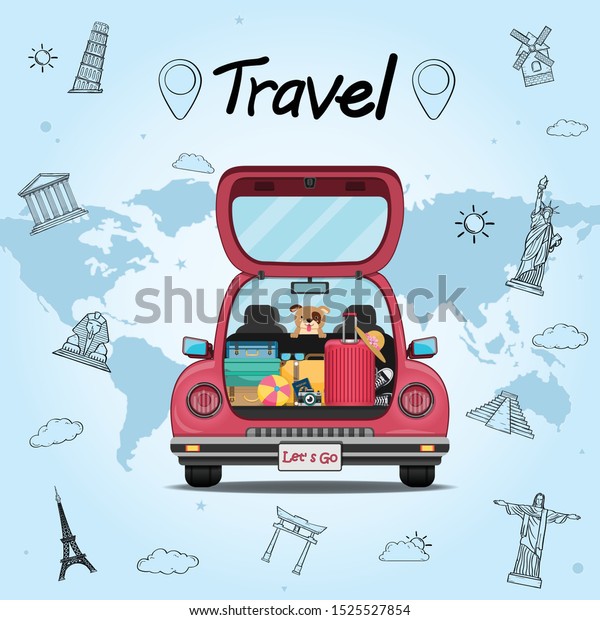 happy man traveler and dog on red  trunk car with\
check in point travel around the world concept on blue heart\
background Design. Top world famous landmark.content paper art,\
vector, banner, Card,