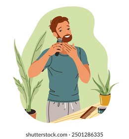 Happy man trimming beard with machine flat color vector illustration. Attractive male shaving bristle with cutter tool concept icon on white