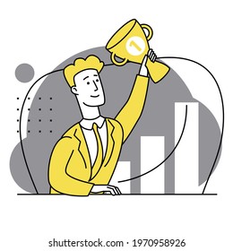 The happy man triumphantly raised his hand with a gold cup. First place. Success, recognition. Business strategy. Successful well done work. Completed task. modern vector flat illustration.