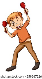 Happy man with two rattles on a white background