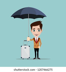 Happy man under the umbrella. A businessman with suitcases and an umbrella. Stock flat vector illustration.