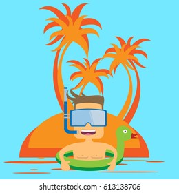 Happy man with an underwater mask in an inflatable circle. Summer, island, beach, palm trees, heat.
