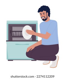 Happy man unloading dishwasher machine semi flat color vector character. Editable figure. Full body person on white. Simple cartoon style spot illustration for web graphic design and animation