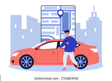 Happy man using car sharing app. City streets map with pointer, automobile rent flat vector illustration. Driving, urban transport, service concept for banner, website design or landing web page