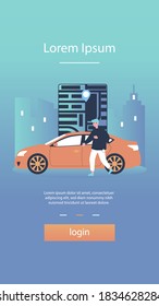Happy man using car sharing app. City streets map with pointer, automobile rent flat vector illustration. Driving, urban transport, service concept for banner, website design or landing web page