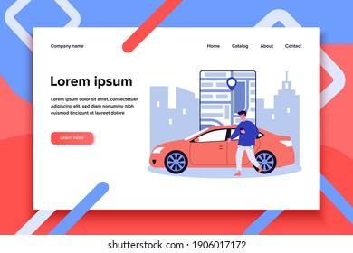 Homme heureux utilisant l'application de partage de voiture. Carte des rues de la ville avec pointeur, illustration vectorielle à plat de location de voitures. Conduite, transport urbain, concept de service pour bannière, conception de site Web ou page d'accueil