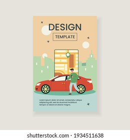 Happy man using car sharing app. City streets map with pointer, automobile rent flat vector illustration. Driving, urban transport, service concept for banner, website design or landing web page