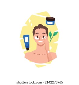 Happy man using eye patches. skin care routine, flat vector illustration isolated on white background. Cartoon character taking care of face with cream and cleanser.