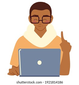 happy man using laptop computer portrait, vector design vector illustration