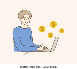 Happy Man using laptop. Golden coins flying from computer screen. Online income, E-commerce, Business success, profit earning, bitcoins concepts. Flat cartoon vector design illustration.