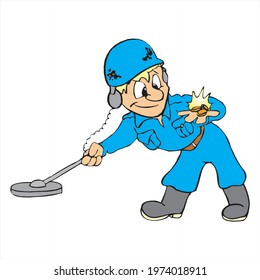 happy man using metal detector and get some gold coins 