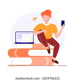 Happy man using mobile phone and reading digital book on pile of books with laptop on. Modern reading, web courses or tutorials, software for learning. Education vlog. Flat vector illustration.