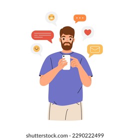 Happy man using mobile phone, texting and chatting online. Guy with smartphone, surfing internet and using social media app. Flat illustration isolated on white background.