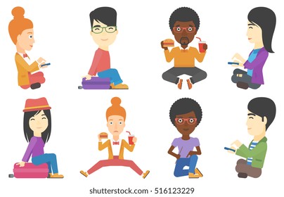 Happy man using mobile phone. Woman typing message on smartphone. Young woman sitting on her suitcase while waiting for a trip. Set of vector flat design illustrations isolated on white background.