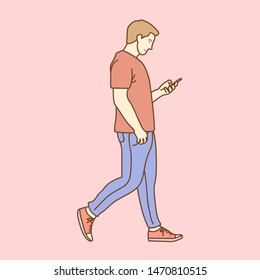 Happy man using phone while walking on street. Concept of young people working mobile devices. Vector illustration.