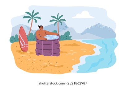 Homem feliz usando cápsula de gelo portátil na praia.  Desportista se recuperando após o treinamento usando crioterapia. Ilustração de vetor desenhada à mão plana. 