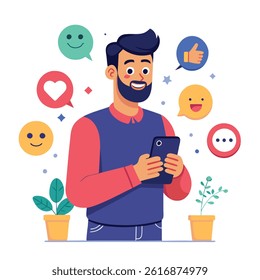 Happy Man Using Smartphone with Social Media Icons and Emoji Reactions, Colorful Vector Design for Digital Marketing, Social Networking, and Online Interaction Concepts
