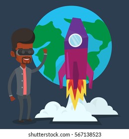 Happy man in virtual reality headset flying in open space. Young african-american man wearing futuristic virtual reality glasses and playing video game. Vector flat design illustration. Square layout.