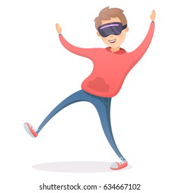 Happy man in virtual reality headset. Gaming Cyber technologies. VR technology. Cartoon virtual reality concept. Vector flat cartoon illustration. 