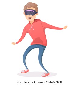 Happy man in virtual reality headset. Gaming Cyber technologies. VR technology. Cartoon virtual reality concept. Vector flat cartoon illustration. 