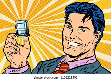 happy man and a vodka shot. Pop art retro vector illustration vintage kitsch drawing