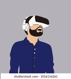 
Happy man in VR headset on grey background