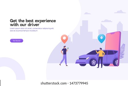 happy man wait for taxi driver vector illustration concept,  Online car sharing 
 with cartoon character and smartphone
can use for, landing page, template, ui, web, mobile app, poster, banner, flyer