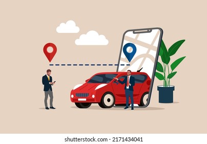 Hombre feliz esperando al taxista. Compartir coche en línea con machos y smartphones puede utilizarse para, página de inicio, plantilla, ui, web, aplicación móvil, afiche, banner, volante