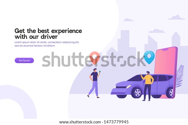 happy man wait for taxi driver vector illustration\
concept,  Online car sharing \
 with cartoon character and\
smartphone\
can use for, landing page, template, ui, web, mobile\
app, poster, banner,\
flyer