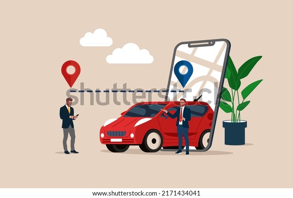 Happy man wait for taxi\
driver. Online car sharing with male and smartphone can use for,\
landing page, template, ui, web, mobile app, poster, banner,\
flyer