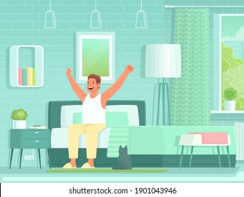 Happy man wake up in the morning and stretches while sitting on the bed in the bedroom. Waking up from sleep. Vector illustration in flat style