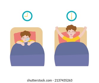 happy man wake up on the stretching bed. and sleeping. good morning and good night. People healthy lifestyle concept. flat style cartoon character design Vector illustration Isolated 