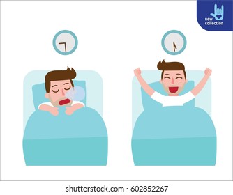 happy man wake up on the stretching bed.
and sleeping. good morning and good night.
People healthy lifestyle concept.
Vector flat style cartoon character design illustration
Isolated