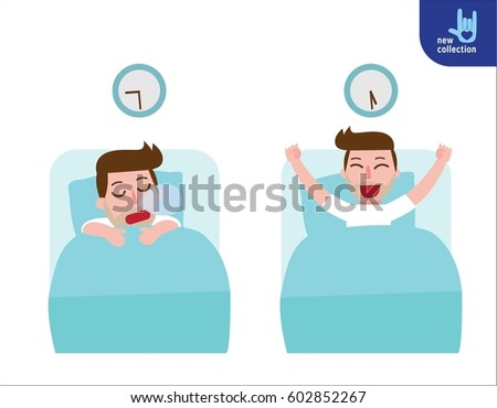 happy man wake up on the stretching bed.and sleeping. good morning and good night.People healthy lifestyle concept.Vector flat style cartoon character design illustrationIsolated
