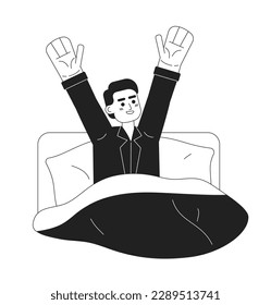 Happy man waking up in bed monochromatic flat vector character. Feel refreshed after sleep. Editable thin line half body person on white. Simple bw cartoon spot image for web graphic design, animation