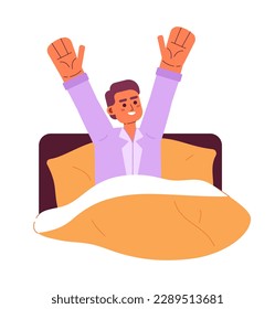 Happy man waking up in bed semi flat colorful vector character. Feeling refreshed after sleep. Editable half body person on white. Simple cartoon spot illustration for web graphic design and animation