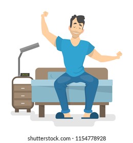 Happy man waking up early in the beginning of the good day. Guy sitting on the bed. Isolated vector illustration in cartoon styl