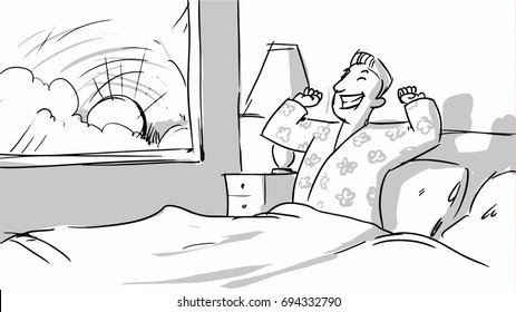 Happy Man Waking Up In The Morning In The Bedroom Vector Sketches