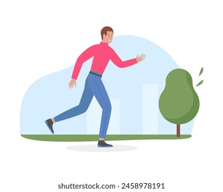 Happy man walking along street of summer city, cityscape with buildings and tree vector illustration
