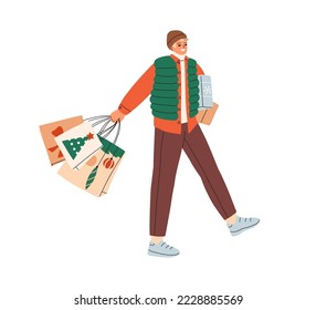 Hombre feliz caminando con regalos de Navidad, bolsas de compras en la calle. Persona al aire libre en Nochebuena, preparándose para vacaciones de invierno. Ilustración vectorial plana aislada en fondo blanco