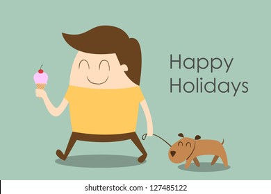 Happy man walking a dog