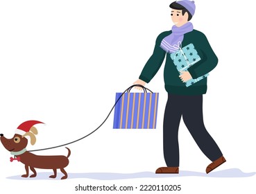 Happy man walking with a dog. Holiday shopping. Vector winter christmas illustration. For flyers, banners, web pages and social networks, cards and invitations, gender parties.