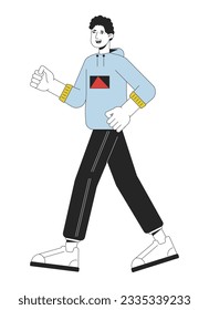 Hombre feliz caminando con un personaje vectorial de color de línea plana. Esquema editable cuerpo completo de la persona activa en blanco. Actividad diaria simple caricatura ilustración spot para diseño gráfico web