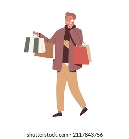 Happy man walking with gifts and shopping bags, talking on mobile phone outdoors. Person speak on smartphone, going, holding holiday presents. Flat vector illustration isolated on white background