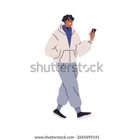 Happy man walking with mobile phone in hand. Young male holding smartphone, watching video and reading social media on the go, smiling, laughing. Flat vector illustration isolated on white background
